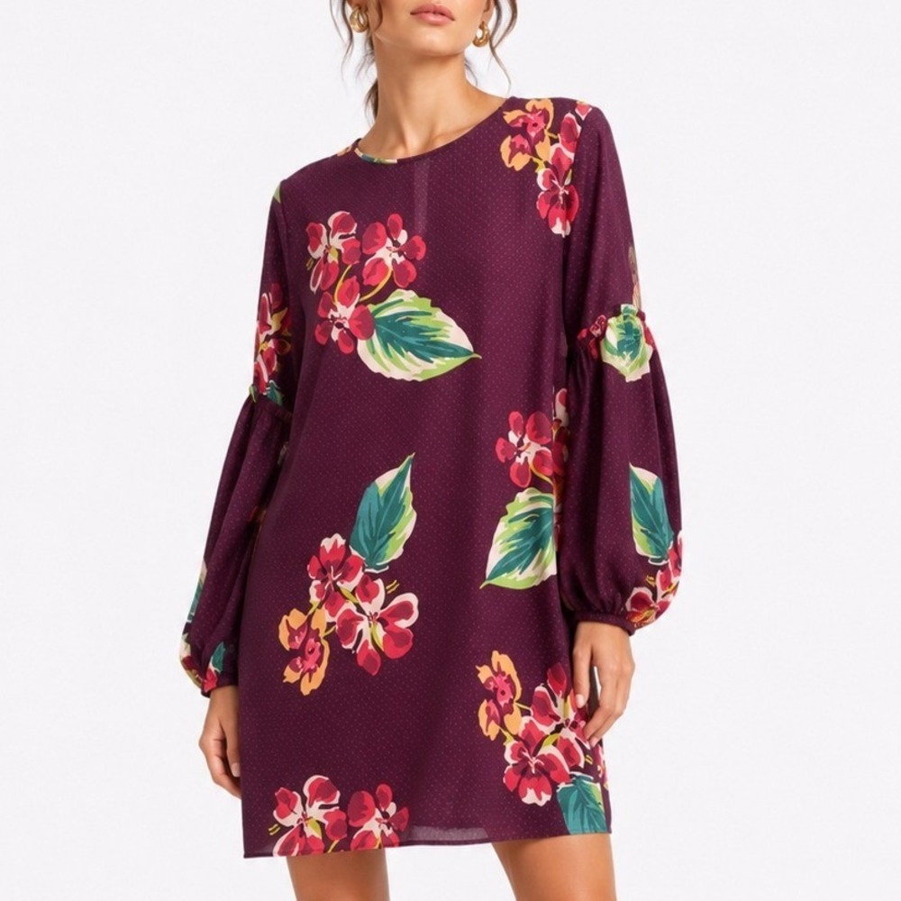 LOFT Cottagecore Burgundy‎ Floral Swiss Dot Ruffle Sleeve Shift Dress MP